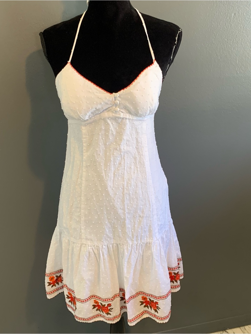 Vintage White Swiss Dot Halter Sundress with Orange Floral Trim